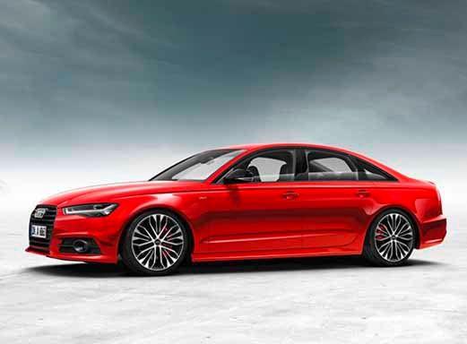 Roter Audi A6 Mietwagen, Seitenansicht auf hellem Hintergrund.